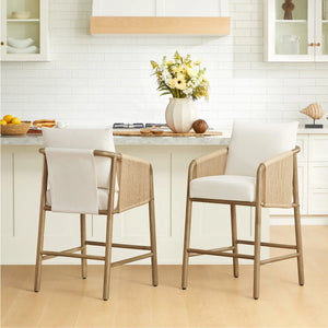 Upholstered wood and rope counter stools