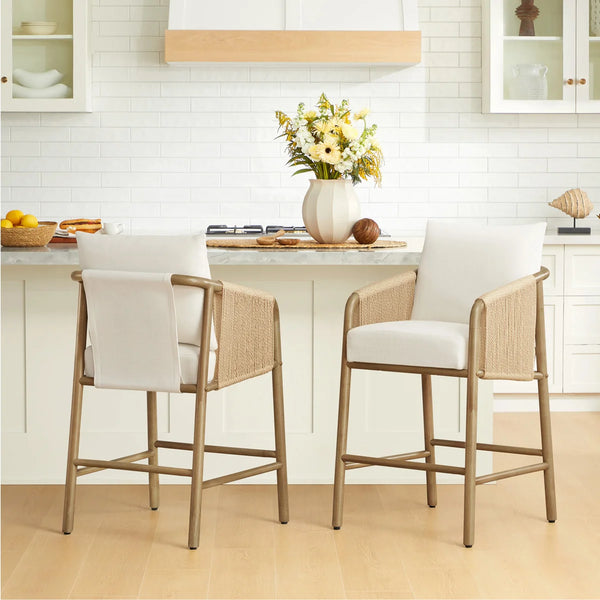 Upholstered wood and rope counter stools