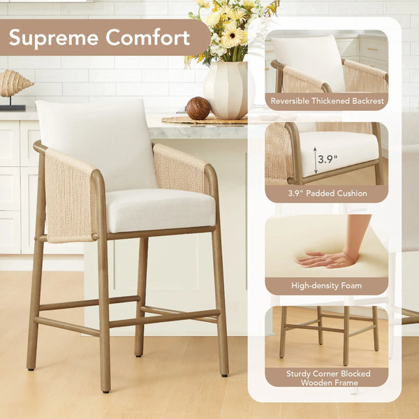 Set of 2 Upholstered Wood and Rope Counter Stools  Wooden Bazar