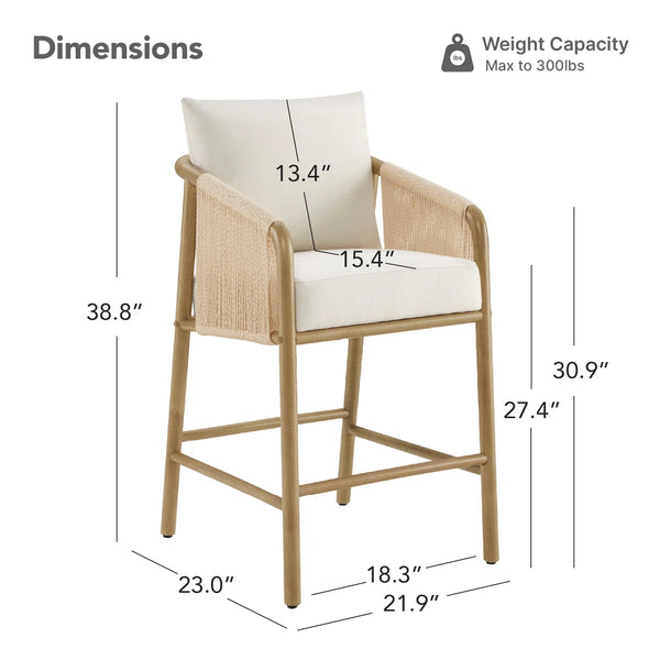 Set of 2 Upholstered Wood and Rope Counter Stools  Wooden Bazar