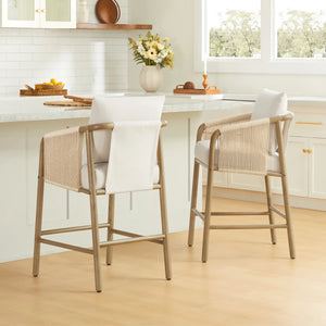 Set of 2 Upholstered Wood and Rope Counter Stools  Wooden Bazar