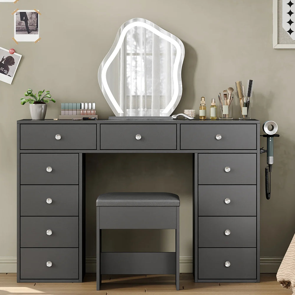 Vanity Desk Without Mirror, Makeup Vanity With 11 Drawers And Charging Station, White Vanity With Storage For Bedroom, Home Office Computer Desk For Bedroom  Wooden Bazar