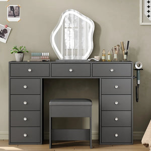 Vanity Desk Without Mirror, Makeup Vanity With 11 Drawers And Charging Station, White Vanity With Storage For Bedroom, Home Office Computer Desk For Bedroom  Wooden Bazar