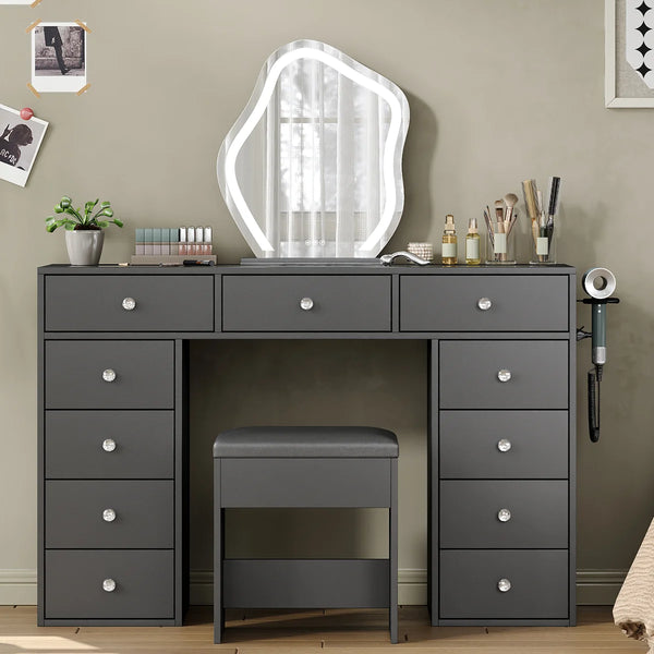 Vanity Desk Without Mirror, Makeup Vanity With 11 Drawers And Charging Station, White Vanity With Storage For Bedroom, Home Office Computer Desk For Bedroom  Wooden Bazar