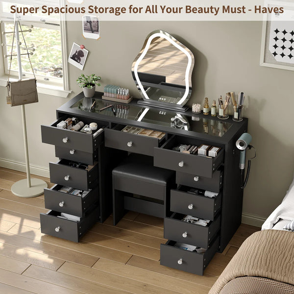 Vanity Desk Without Mirror, Makeup Vanity With 11 Drawers And Charging Station, White Vanity With Storage For Bedroom, Home Office Computer Desk For Bedroom  Wooden Bazar