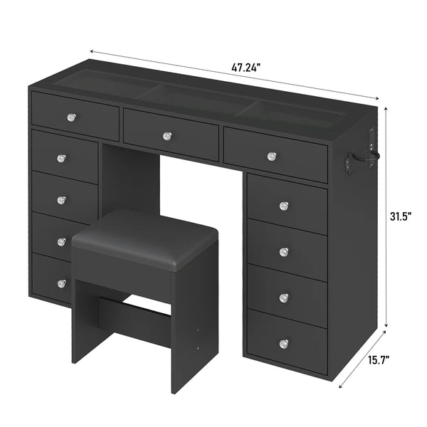 Vanity Desk Without Mirror, Makeup Vanity With 11 Drawers And Charging Station, White Vanity With Storage For Bedroom, Home Office Computer Desk For Bedroom  Wooden Bazar