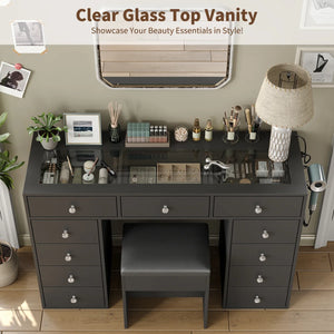 Vanity Desk Without Mirror, Makeup Vanity With 11 Drawers And Charging Station, White Vanity With Storage For Bedroom, Home Office Computer Desk For Bedroom  Wooden Bazar