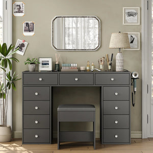 Vanity Desk Without Mirror, Makeup Vanity With 11 Drawers And Charging Station, White Vanity With Storage For Bedroom, Home Office Computer Desk For Bedroom  Wooden Bazar