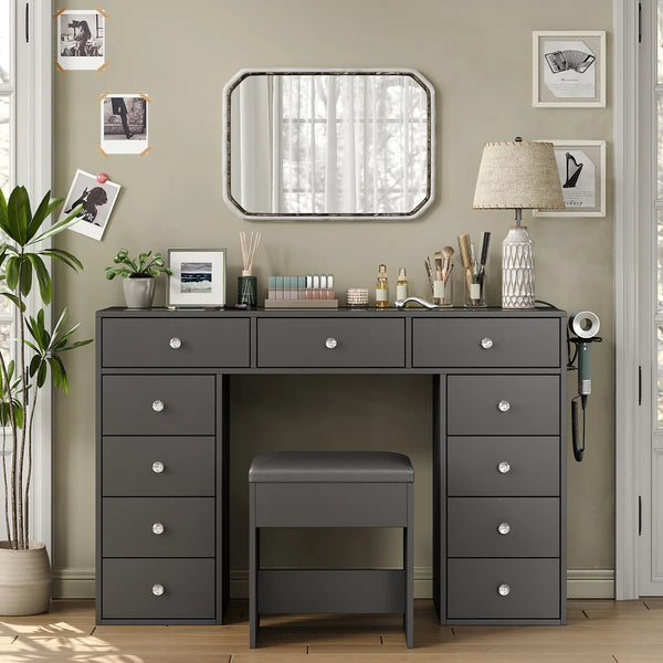Vanity Desk Without Mirror, Makeup Vanity With 11 Drawers And Charging Station, White Vanity With Storage For Bedroom, Home Office Computer Desk For Bedroom  Wooden Bazar