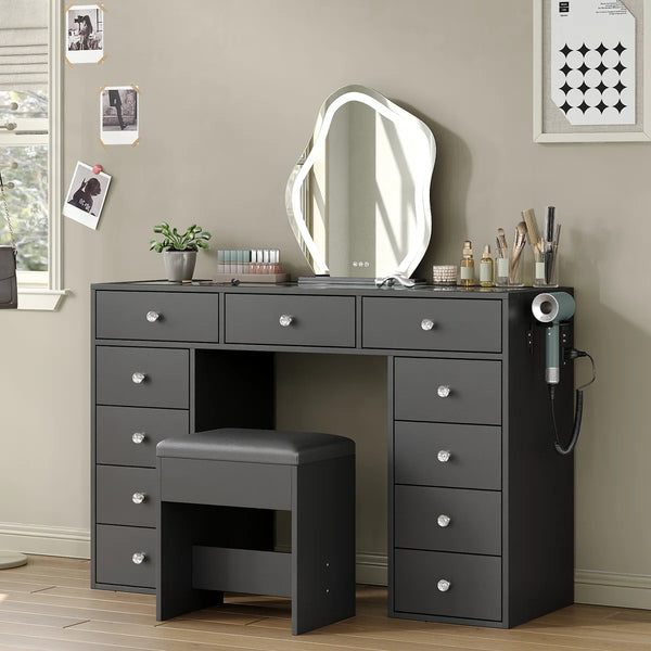 Vanity Desk Without Mirror, Makeup Vanity With 11 Drawers And Charging Station, White Vanity With Storage For Bedroom, Home Office Computer Desk For Bedroom  Wooden Bazar