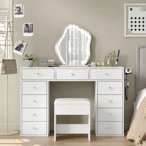 Vanity Desk Without Mirror, Makeup Vanity With 11 Drawers And Charging Station, White Vanity With Storage For Bedroom, Home Office Computer Desk For Bedroom  Wooden Bazar