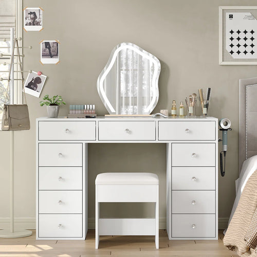 Vanity Desk Without Mirror, Makeup Vanity With 11 Drawers And Charging Station, White Vanity With Storage For Bedroom, Home Office Computer Desk For Bedroom  Wooden Bazar