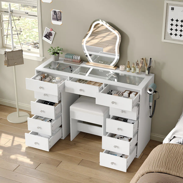 Vanity Desk Without Mirror, Makeup Vanity With 11 Drawers And Charging Station, White Vanity With Storage For Bedroom, Home Office Computer Desk For Bedroom  Wooden Bazar