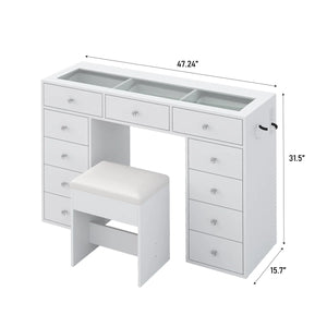 Vanity Desk Without Mirror, Makeup Vanity With 11 Drawers And Charging Station, White Vanity With Storage For Bedroom, Home Office Computer Desk For Bedroom  Wooden Bazar