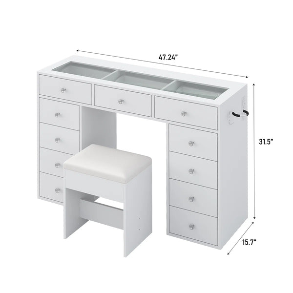 Vanity Desk Without Mirror, Makeup Vanity With 11 Drawers And Charging Station, White Vanity With Storage For Bedroom, Home Office Computer Desk For Bedroom  Wooden Bazar