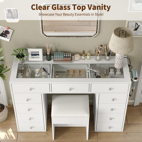 Vanity Desk Without Mirror, Makeup Vanity With 11 Drawers And Charging Station, White Vanity With Storage For Bedroom, Home Office Computer Desk For Bedroom  Wooden Bazar