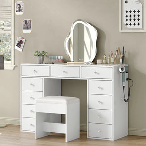 Vanity Desk Without Mirror, Makeup Vanity With 11 Drawers And Charging Station, White Vanity With Storage For Bedroom, Home Office Computer Desk For Bedroom  Wooden Bazar