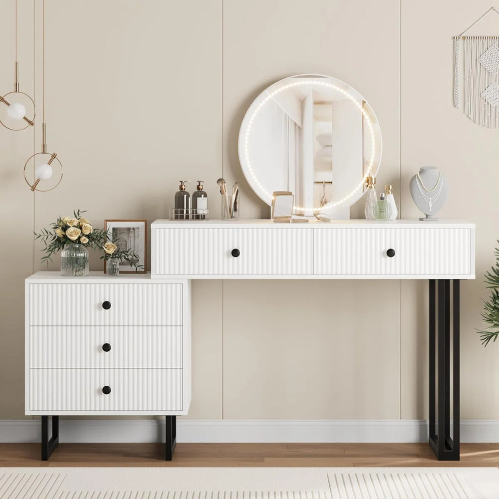 Vanity Desk with Mirror and Lights, Small Makeup Vanity with 5 Drawers, Modern Makeup Vanity Organizer with 3 Color Lights  Wooden Bazar