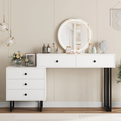 Vanity Desk with Mirror and Lights, Small Makeup Vanity with 5 Drawers, Modern Makeup Vanity Organizer with 3 Color Lights  Wooden Bazar