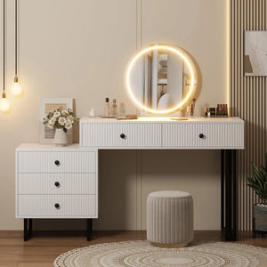 Vanity Desk with Mirror and Lights, Small Makeup Vanity with 5 Drawers, Modern Makeup Vanity Organizer with 3 Color Lights  Wooden Bazar