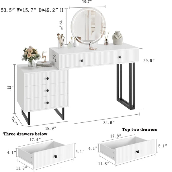 Vanity Desk with Mirror and Lights, Small Makeup Vanity with 5 Drawers, Modern Makeup Vanity Organizer with 3 Color Lights  Wooden Bazar