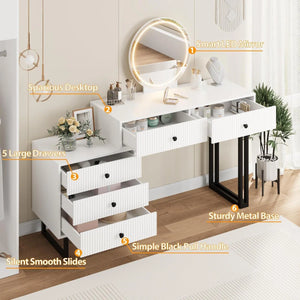 Vanity Desk with Mirror and Lights, Small Makeup Vanity with 5 Drawers, Modern Makeup Vanity Organizer with 3 Color Lights  Wooden Bazar