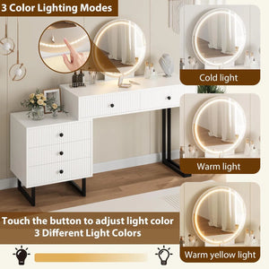 Vanity Desk with Mirror and Lights, Small Makeup Vanity with 5 Drawers, Modern Makeup Vanity Organizer with 3 Color Lights  Wooden Bazar