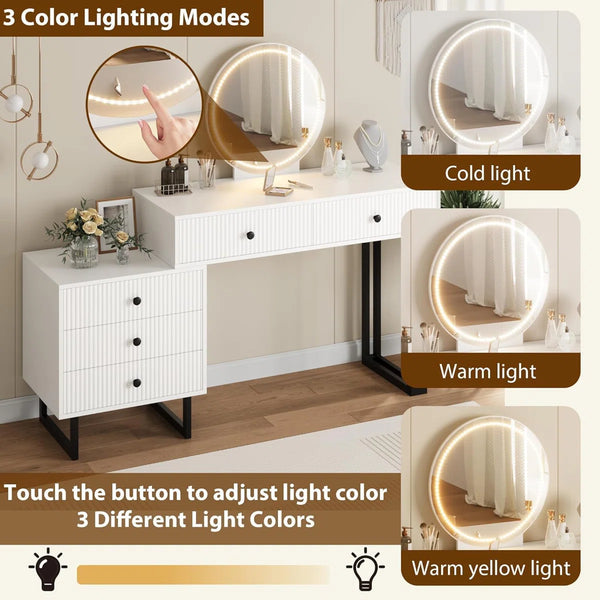 Vanity Desk with Mirror and Lights, Small Makeup Vanity with 5 Drawers, Modern Makeup Vanity Organizer with 3 Color Lights  Wooden Bazar