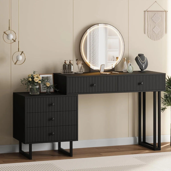 Vanity Desk with Mirror and Lights, Small Makeup Vanity with 5 Drawers, Modern Makeup Vanity Organizer with 3 Color Lights  Wooden Bazar