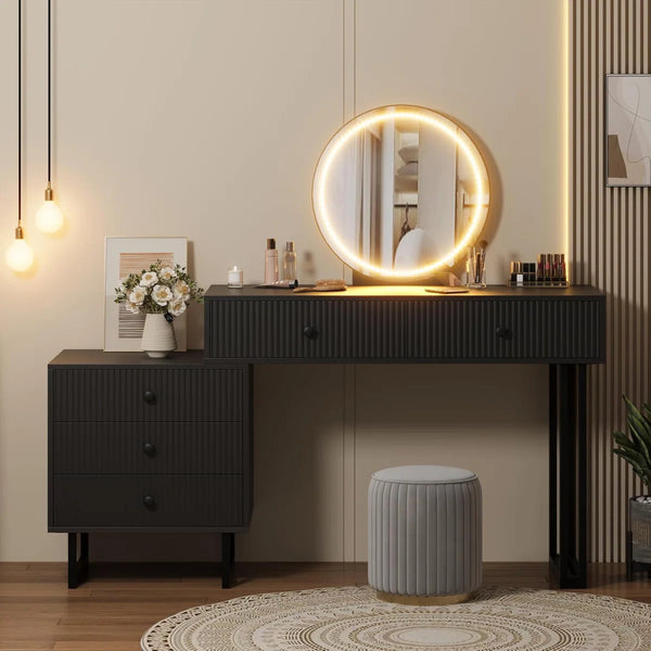 Vanity Desk with Mirror and Lights, Small Makeup Vanity with 5 Drawers, Modern Makeup Vanity Organizer with 3 Color Lights  Wooden Bazar