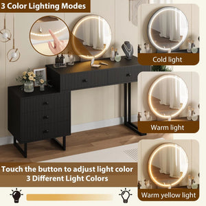 Vanity Desk with Mirror and Lights, Small Makeup Vanity with 5 Drawers, Modern Makeup Vanity Organizer with 3 Color Lights  Wooden Bazar