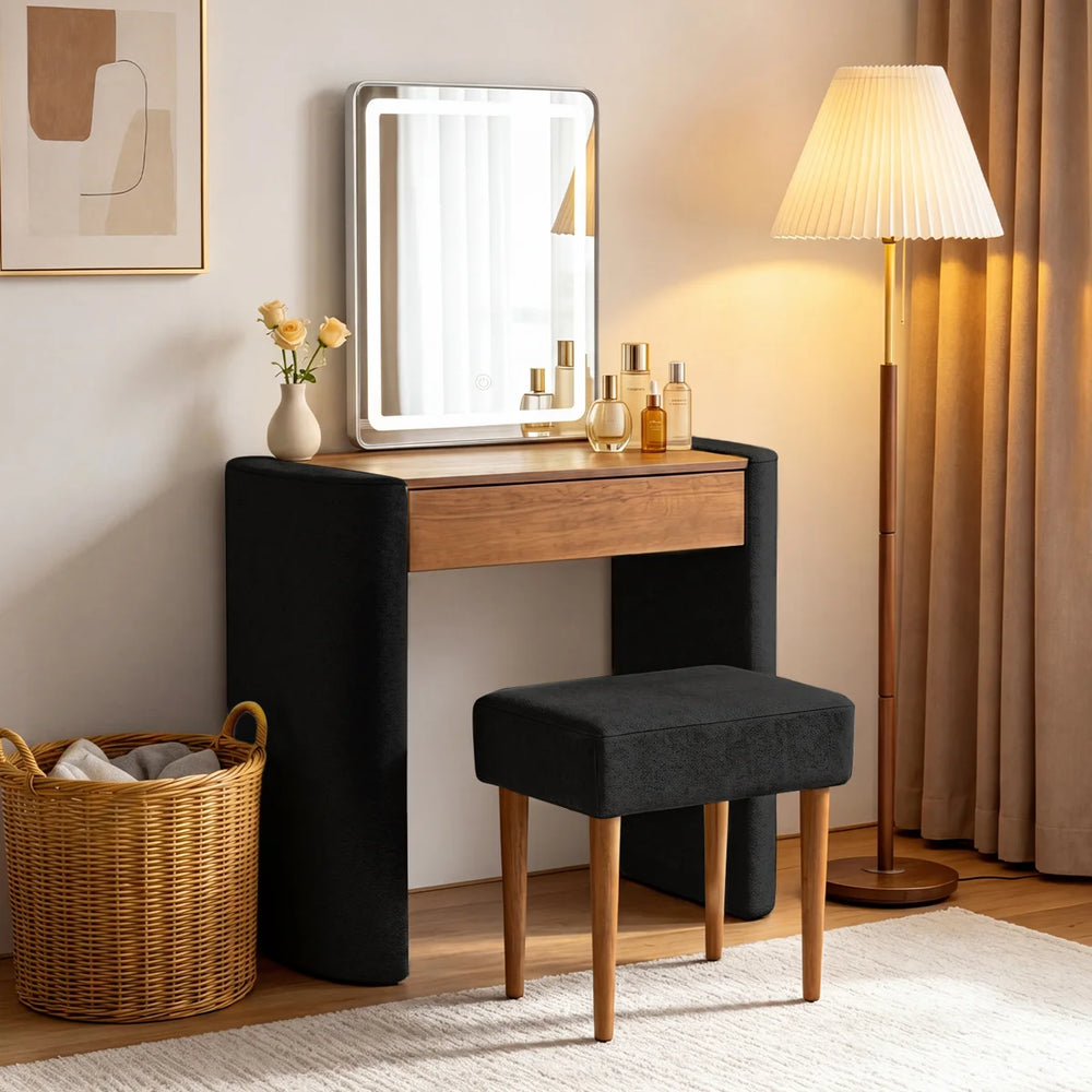 **Makeup Vanity Table Set with 3-Mode LED Mirror, Adjustable Brightness & Drawer**   Wooden Bazar