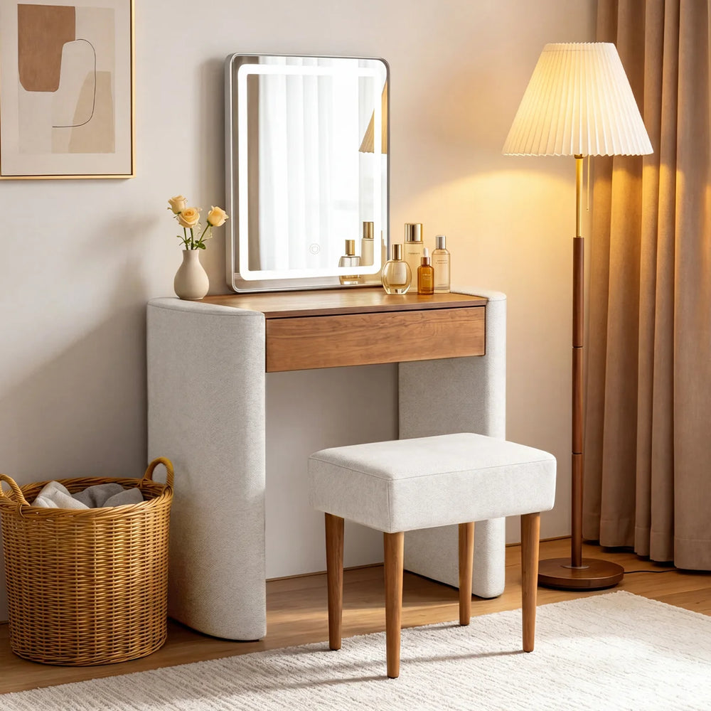 **Makeup Vanity Table Set with 3-Mode LED Mirror, Adjustable Brightness & Drawer**   Wooden Bazar