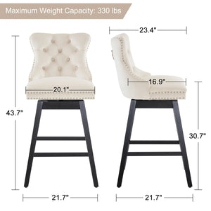 Velvet Upholstered 360° Swivel 30.7'' Height Bar Stool with Back, Nailhead Trim and Sturdy Solid Wood Legs, Comfortable Chair for Kitchen, Dining, Restaurant (Set of 2)  Wooden Bazar