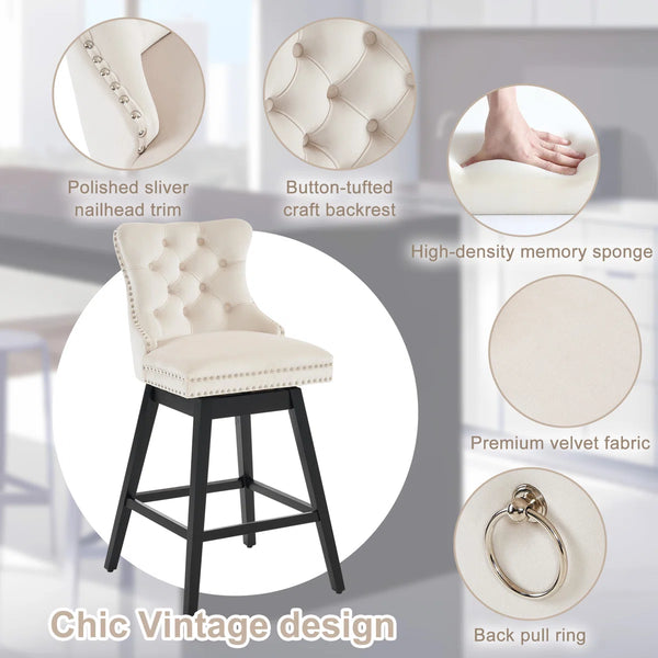 Velvet Upholstered 360° Swivel 30.7'' Height Bar Stool with Back, Nailhead Trim and Sturdy Solid Wood Legs, Comfortable Chair for Kitchen, Dining, Restaurant (Set of 2)  Wooden Bazar