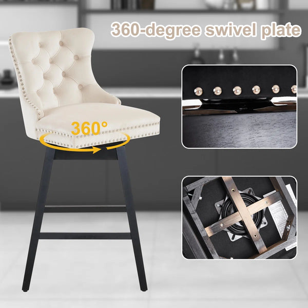 Velvet Upholstered 360° Swivel 30.7'' Height Bar Stool with Back, Nailhead Trim and Sturdy Solid Wood Legs, Comfortable Chair for Kitchen, Dining, Restaurant (Set of 2)  Wooden Bazar