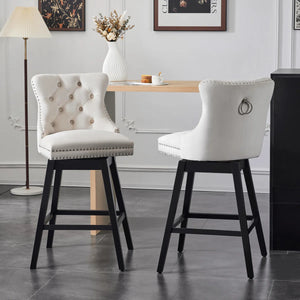 Velvet Upholstered 360° Swivel 30.7'' Height Bar Stool with Back, Nailhead Trim and Sturdy Solid Wood Legs, Comfortable Chair for Kitchen, Dining, Restaurant (Set of 2)  Wooden Bazar