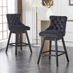 Velvet Upholstered 360° Swivel 30.7'' Height Bar Stool with Back, Nailhead Trim and Sturdy Solid Wood Legs, Comfortable Chair for Kitchen, Dining, Restaurant (Set of 2)  Wooden Bazar
