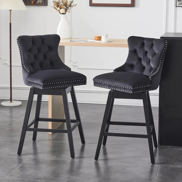 Velvet Upholstered 360° Swivel 30.7'' Height Bar Stool with Back, Nailhead Trim and Sturdy Solid Wood Legs, Comfortable Chair for Kitchen, Dining, Restaurant (Set of 2)  Wooden Bazar
