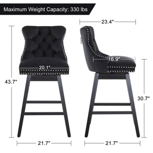 Velvet Upholstered 360° Swivel 30.7'' Height Bar Stool with Back, Nailhead Trim and Sturdy Solid Wood Legs, Comfortable Chair for Kitchen, Dining, Restaurant (Set of 2)  Wooden Bazar