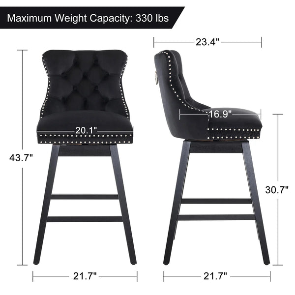 Velvet Upholstered 360° Swivel 30.7'' Height Bar Stool with Back, Nailhead Trim and Sturdy Solid Wood Legs, Comfortable Chair for Kitchen, Dining, Restaurant (Set of 2)  Wooden Bazar