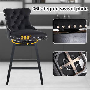 Velvet Upholstered 360° Swivel 30.7'' Height Bar Stool with Back, Nailhead Trim and Sturdy Solid Wood Legs, Comfortable Chair for Kitchen, Dining, Restaurant (Set of 2)  Wooden Bazar