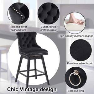 Velvet Upholstered 360° Swivel 30.7'' Height Bar Stool with Back, Nailhead Trim and Sturdy Solid Wood Legs, Comfortable Chair for Kitchen, Dining, Restaurant (Set of 2)  Wooden Bazar
