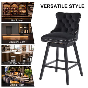 Velvet Upholstered 360° Swivel 30.7'' Height Bar Stool with Back, Nailhead Trim and Sturdy Solid Wood Legs, Comfortable Chair for Kitchen, Dining, Restaurant (Set of 2)  Wooden Bazar