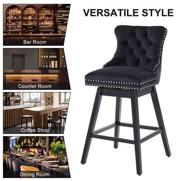 Velvet Upholstered 360° Swivel 30.7'' Height Bar Stool with Back, Nailhead Trim and Sturdy Solid Wood Legs, Comfortable Chair for Kitchen, Dining, Restaurant (Set of 2)  Wooden Bazar