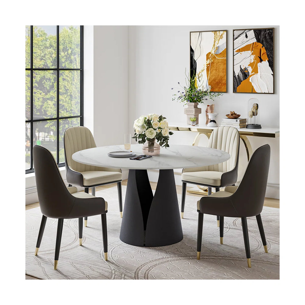 Modern Round Dining Set with Sintered Stone Table & PU Chairs - Wooden Bazar