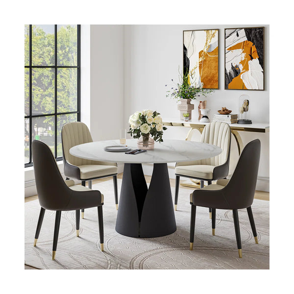 Modern Round Dining Set with Sintered Stone Table & PU Chairs - Wooden Bazar