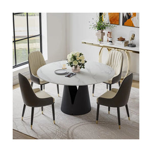 Modern Round Dining Set with Sintered Stone Table & PU Chairs - Wooden Bazar