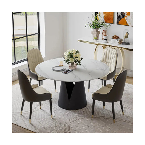 Modern Round Dining Set with Sintered Stone Table & PU Chairs - Wooden Bazar