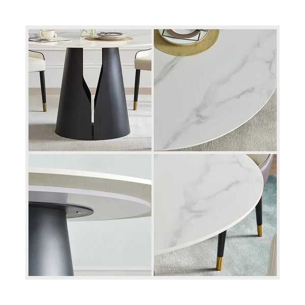 Modern Round Dining Set with Sintered Stone Table & PU Chairs - Wooden Bazar